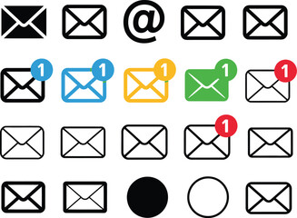 Collection of email and messaging icons against a white background, featuring various envelope symbols and notifications