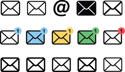 Set of email vector icons for communication and messaging. This collection includes various envelope symbols, new mail notifications, and the at sign on a white background.