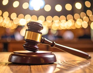 Gavel on Wooden Table with Festive Blur.