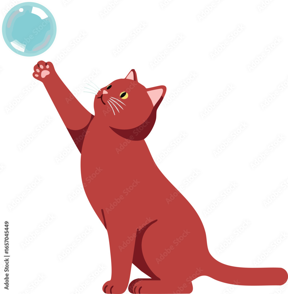 Poster red cat playing with transparent bubble isolated on white background vector image illustration