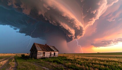 Dramatic sunset over a rural landscape, showcasing a dramatic storm cloud and lightning striking in the distance near a weathered farmhouse.