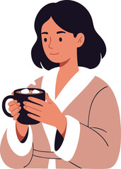 Woman holding cup enjoying hot beverage in bathrobe relaxed calm morning vector illustration