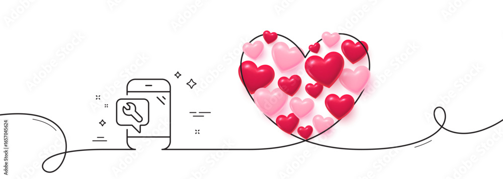 Poster spanner tool line icon. continuous line big heart. phone repair service sign. fix instruments symbol