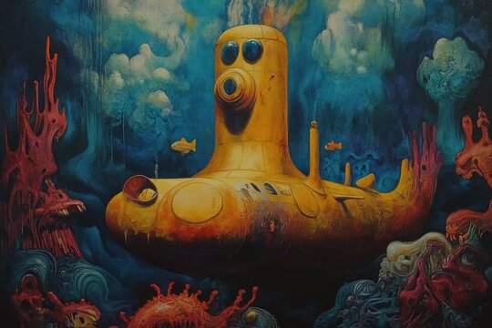 cartoon yellow submarine is painted on a blue background. The submarine is surrounded by a blue ocean. There is something dreamy and whimsical about the painting.