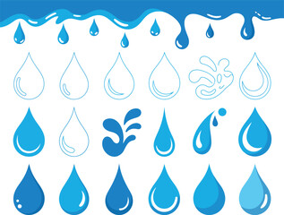 Vibrant collection of blue water drops, liquid splashes, and dripping elements in various styles, isolated on a clean white background for graphic design.