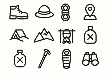 Set of 12 black hiking and adventure icons in flat vector style with white background, ideal for outdoor apps, maps, and exploration projects.