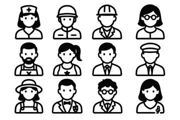 Set of 12 black people avatar icons representing jobs and roles in flat vector style with white background, ideal for mobile apps, websites, and UI kits.