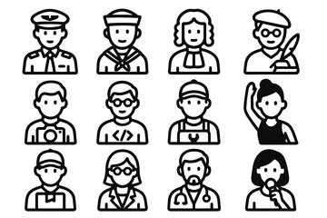 Set of 12 black avatar icons of diverse professions in flat vector style with white background, perfect for apps, UI, and business resources.