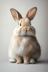 Obraz premium Cute Fluffy Rabbit Standing Curiously With Soft Ears Against a Plain Background