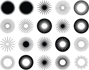 A collection of 20 unique black and white abstract circular burst designs, perfect for graphic design and artistic projects