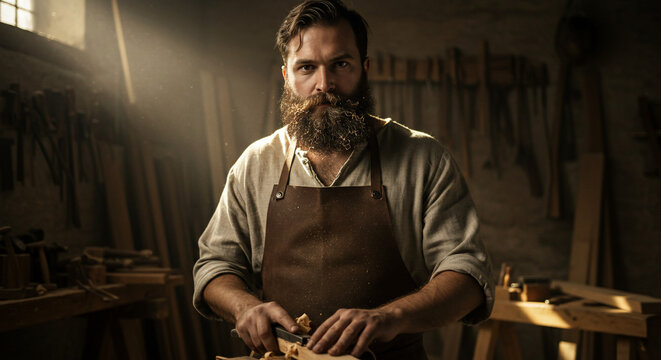 A bearded craftsman diligently works with a hand plane in a sunlit woodworking shop, surrounded by tools and wood