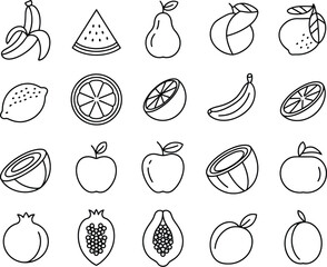 Set of 20 minimalist fruit line icons. A simple black and white collection of vector symbols representing various healthy foods.