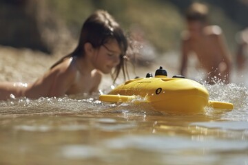 Group of children are playing with a yellow submarine in the water. The children are all wearing bathing suits and are gathered around the submarine. Scene is playful and fun.
