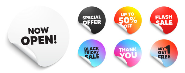 Now open sticker tag. Special offer paper price tags. Now open tag. Promotion new business sign. Welcome advertising symbol. Discount, black friday sticker. Promo banner. Vector