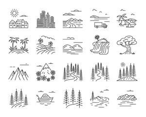 Set of landscape line icons. Minimalist thin line art collection showing nature, city, mountain, forest, and sea scenes on a white background.