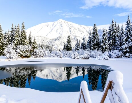 Frozen winter lake, snow-covered mountains - Powered by Adobe