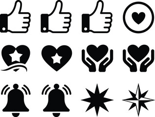 Collection of diverse icons including thumbs up, hearts, hands, bells, and stars in a clean black and white design