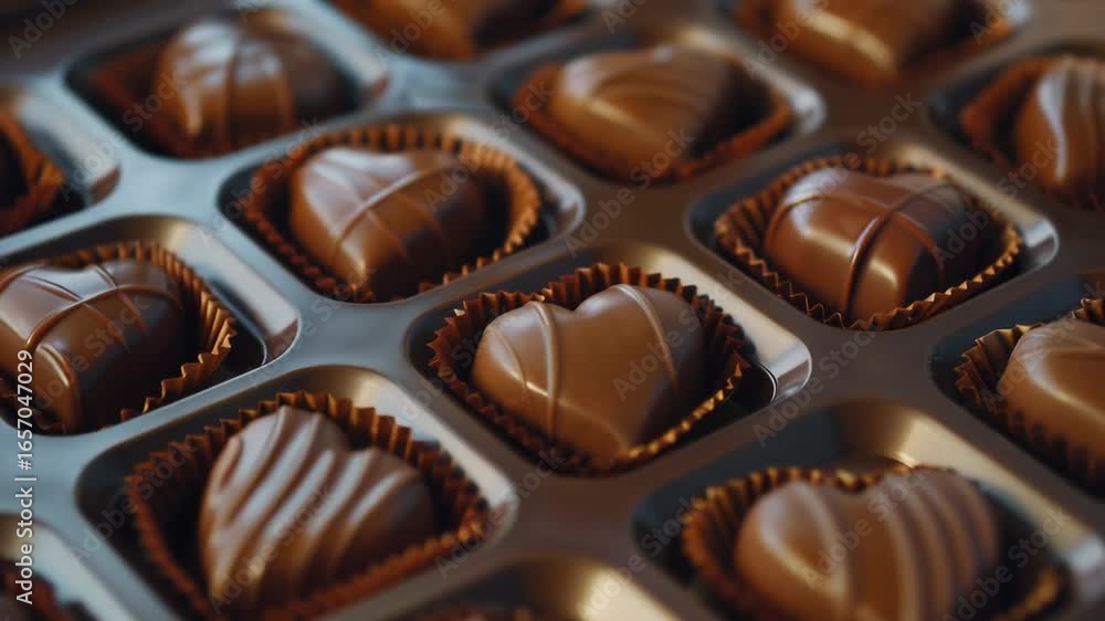 Poster a close-up view of a tray filled with assorted chocolates