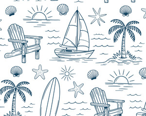 Nautical Beach Vacation Doodle Pattern Seamless Design with Hand-drawn Sailboats, Palm Trees, and Coastal Scenery in Blue Ink.
