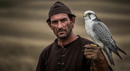 A serious falconer wearing a hat and traditional clothing holds a trained falcon on his gloved hand outdoors