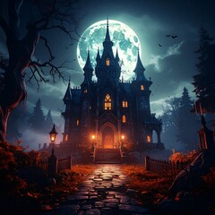Gothic castle at night under a full moon (1)