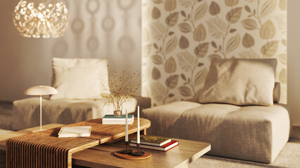 Large luxury modern bright interiors Living room mockup illustration 3D rendering image