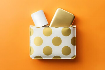 White and gold polka dot bag with white roll and gold bar on an orange colored background surface view