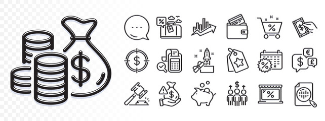 Loan percent, Innovation and Calendar discounts line icons for web app. Glare of light effect. Message icon. Pack of Analytics chart, Travel loan, Coins bag pictogram icons. Vector