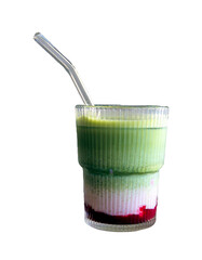 glass of matcha with milk and raspberry syrup on transparent background . sweet refreshing summer...