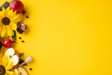 Festive Rosh Hashanah arrangement featuring traditional symbols of apples, honey, and pomegranate on a vibrant yellow backdrop for Jewish New Year themes