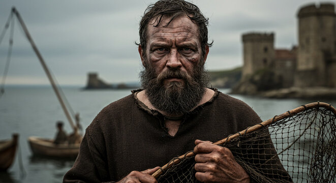 Weathered fisherman with beard and net, looking intensely at the camera with a medieval village and boats in the background