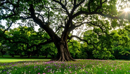Obraz premium A large, old tree stands amidst a vibrant meadow.