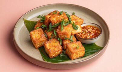 Fototapeta premium Crispy Tofu and Tempeh Served With Spicy Sambal Sauce on a Matte Plate Against a Coral Background