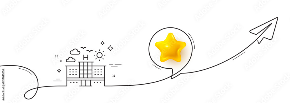 Poster hotel line icon. continuous line with share plane. travel sign. holidays building symbol. 3d star in