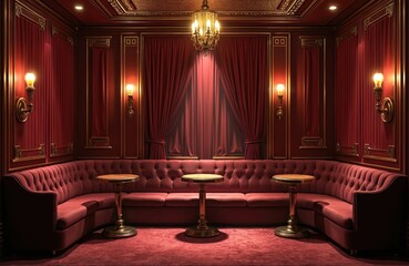Vintage art deco jazz club interior, rich burgundy velvet curtains, brass fixtures, geometric patterns, warm amber lighting casting long shadows. Sophisticated, elegant nightclub with luxurious,