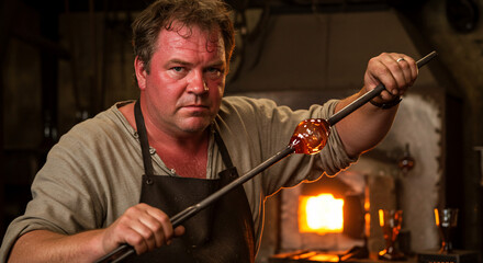 Skilled glassblower intensely focused on shaping molten glass with a tool in a hot workshop
