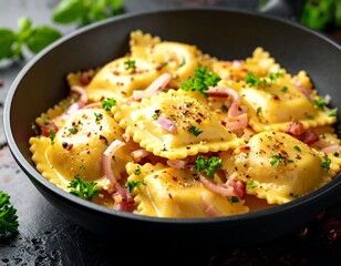 Creamy pasta dish with red onions