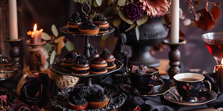 "Halloween-Themed Table Setting with Black Cupcakes, Candles, and Spooky Decorations"