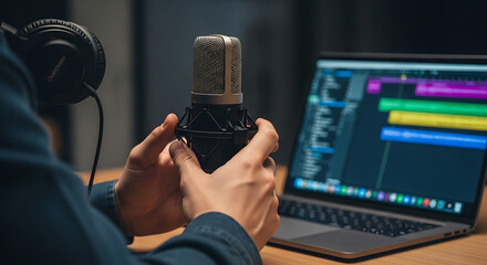 A person holding a microphone with headphones and a laptop showing audio editing software in the background