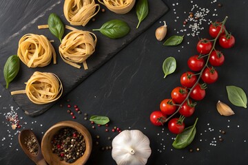Delicious italian fettuccine nest pasta with fresh basil cherry tomatoes garlic and peppercorns