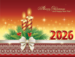 Merry Christmas 2026. Postcard with candles on red glowing background with spruce and rowan branches, decorated ribbon with bow and ornament. Vector illustration.