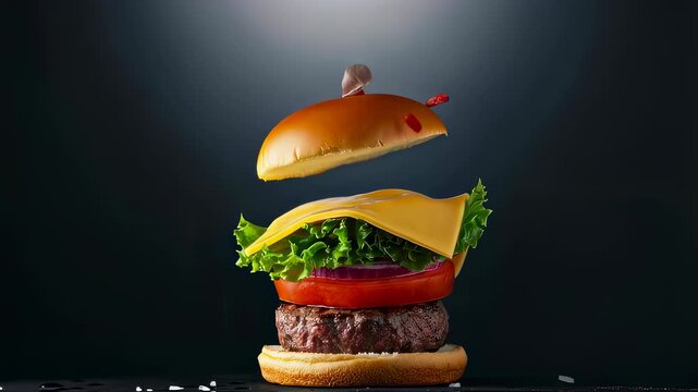 Exploding Burger with Flying Ingredients on Dark Background Featuring Lettuce Cheese Tomato Meat and Bun for a Fresh and Delicious Gourmet Meal