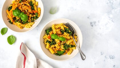 Spiral pasta dish with kale and herbs.