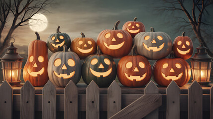 Group of jack olantern pumpkins glowing on a fence at night with moon
