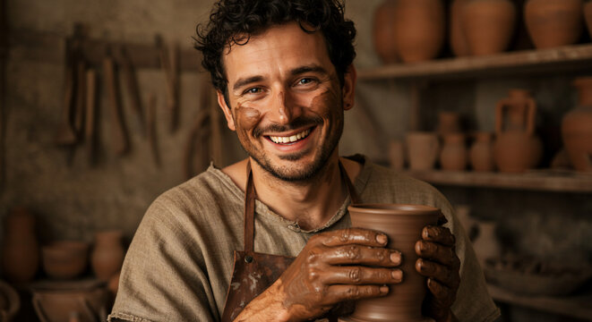 Smiling potter holding a clay pot in his workshop, covered in clay