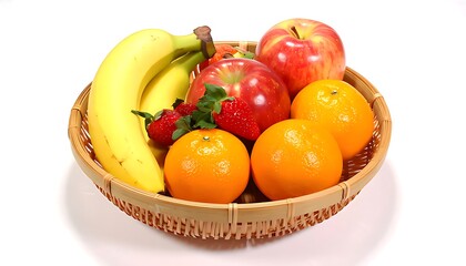 Assorted fresh fruits in a light brown woven basket.