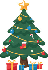 Christmas tree decorated with star ornaments candy cane and gifts festive holiday vector illustration