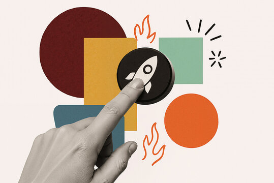 modern collage of  hand pressing rocket icon button for digital innovation startup concept with colorful geometric shapes