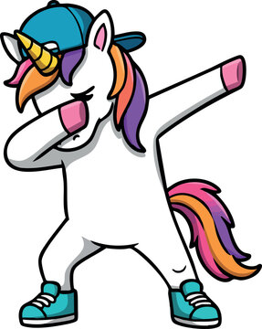 Unicorn dabbing in blue sneakers and cap colorful mane cartoon style vector illustration fun energetic character