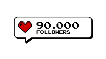 Social media notification badge with 90,000 followers in a neubrutalism comment balloon. 8-bits pixel art style inspired by retro games, featuring a heart icon. Isolated on white background.